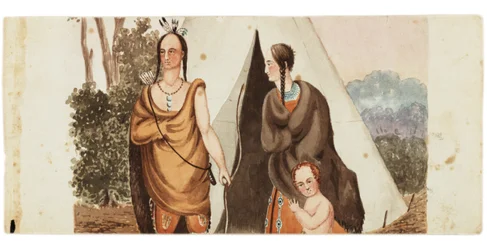 Indisk familj som sitter utanför en tipi, ca 1849